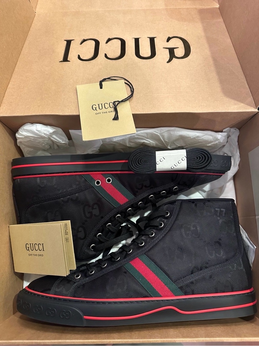 Gucci Black High-Top Sneakers with Red & Green Web Stripe